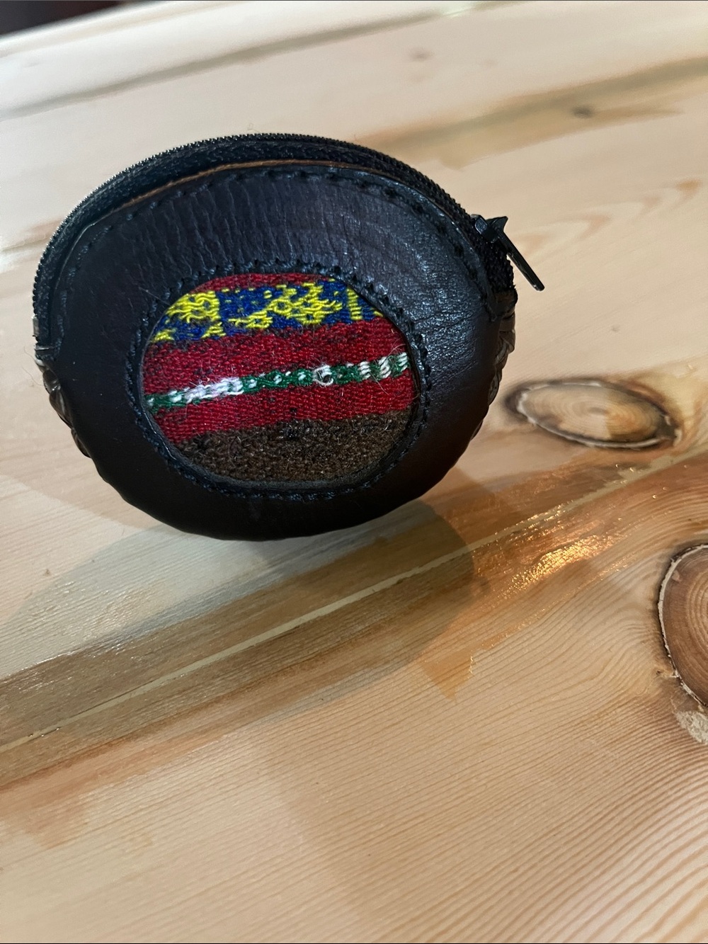 Handmade Leather Coin Pouch with Multicolor Woven Accent - Brown